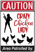 YOYI ART Funny Chicken Coop Sign - Area Patrolled by Crazy Chicken Lady, Metal Vintage Caution Sign for Farm Fence Decor, 8 x 12 inch