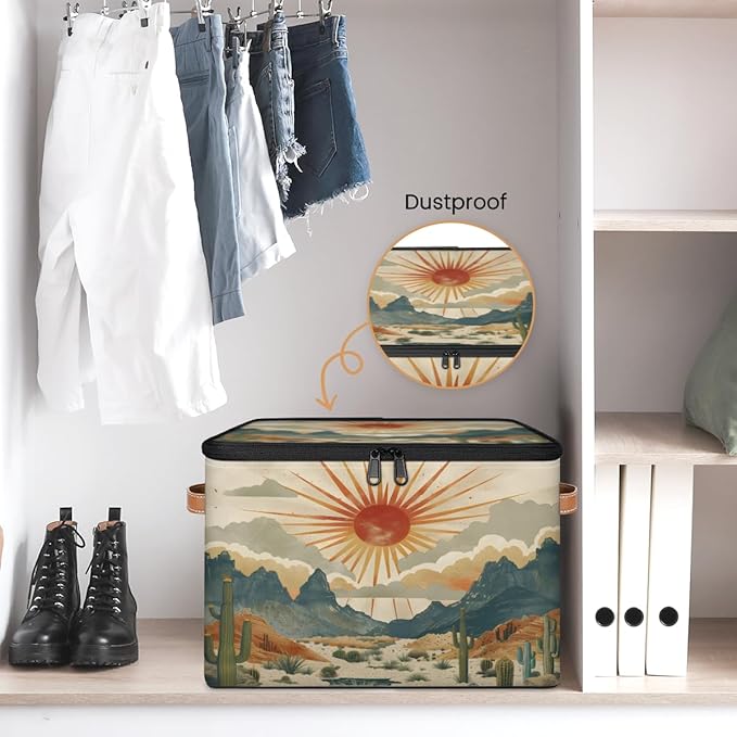 Cactus Storage Bins with Lids, Desert Sunset Fabric Storage Boxes with Zipper, Collapsible Decorative Closet Organizer Cube for Clothes, Organizing, Shelves