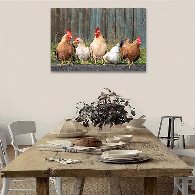 Woxfcart Kitchen Chicken Decor Wall Art, Farmhouse Rustic Barn Animal Canvas Pictures with Wood Background for Bathroom Bedroom, 36 x 24 Inch