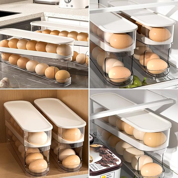 2026 New Egg Holder for Fridge, Egg Organizer for Refrigerator Automatic Scrolling Eggs Rack Holder Rolling Dispenser Stackable Container and Storage for Refrigerator with Lid