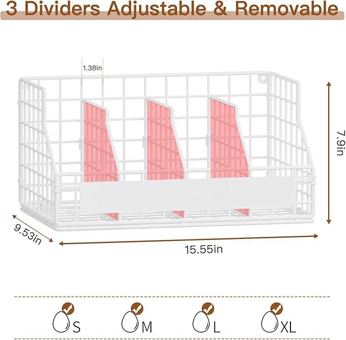 Egg Holder Countertop with 3 Dividers & Labels, 1 Tier Stackable Chicken Egg Baskets for Gathering Fresh Eggs in Small Space, Low Egg Organizer for Storage, Wall-Mounted, White