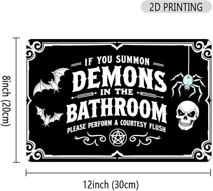 Demons Bathroom Rules Tin Sign Vintage Gothic Decor Metal Sign Print Aesthetic for Garden Yard Bar Porch Home Bedroom Kitchen Wall Decor Gift 8 X 12 in
