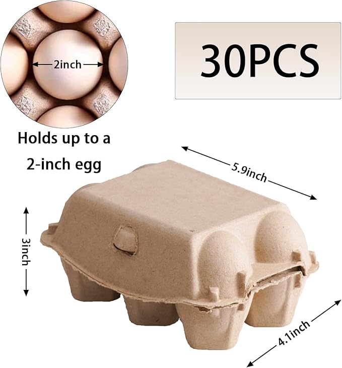 30 Pack Half Dozen Egg Cartons, Blank Natural Pulp Egg Carton Bulk 6 Count for Chicken Eggs and Duck Eggs, Reusable, Protects, Egg Storage Containers for Home Kitchen and Farmhouse (30 PCS 6 Count)