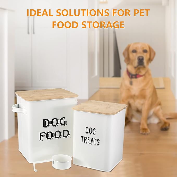 Dog Food Storage Container Farmhouse Pet Food Treats Bin with Lid and Scoop, Perfect Sturdy Canister Tins for Kitchen Countertop, Shelf, Great Gift for Pet Owners - Dog Food