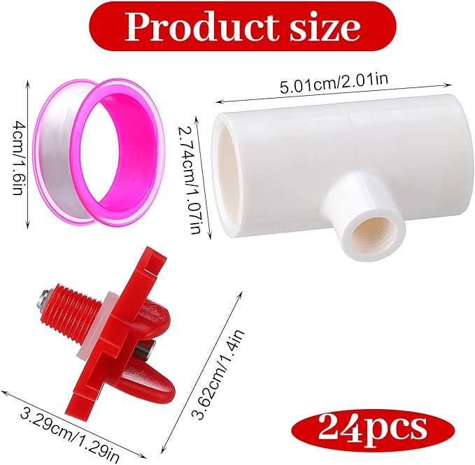 24 Pack Horizontal Chicken Water Nipples with 1/2'' PVC Tee Fittings Automatic Chicken Water Feeder Easy Install Chickens Nipples Waterer Horizontal Side Mount Poultry Nipple Waterer