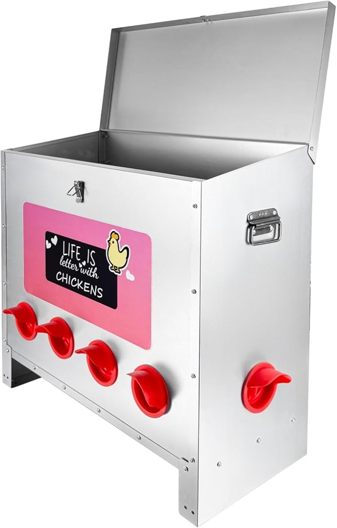 85-120LB Automatic Chicken Feeder with 10 Ports No Waste Galvanized Metal Poultry Feeder Outdoor Chicken Feeder Box with Handle and Locking Lid for Chickens Ducks Geese Silver