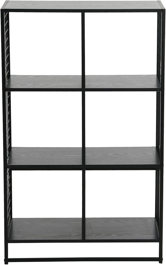 Household Essentials Trellis Open Storage Bookshelf with 6 Cube Compartments Black Oak Wood Grain and Black Metal