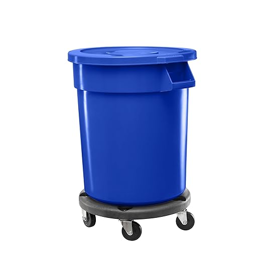 Feed and Seed Storage Container, 32 Gallon Blue Round Commercial Trash Can with Lid and Dolly, Food Storage Plastic Bin, Use in Agricultural, Gardening, or Household