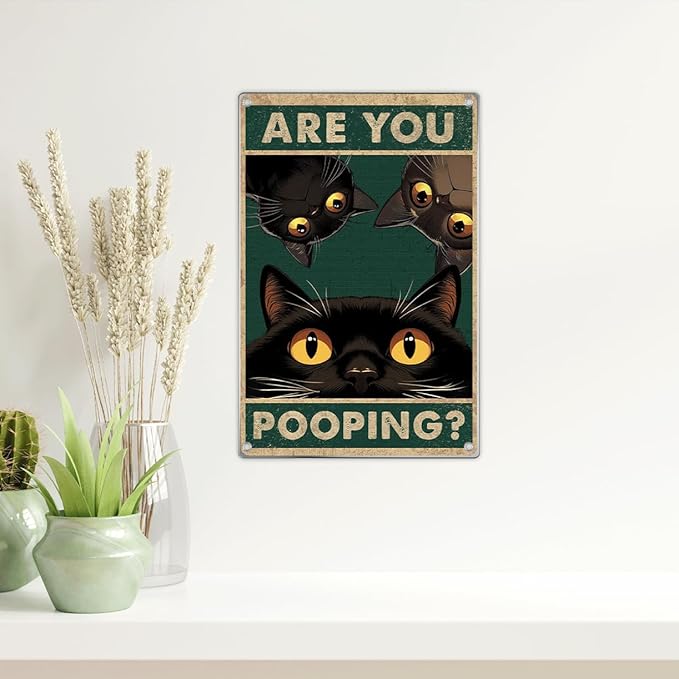 Funny Black Cat Are You Pooping Metal Sign Vintage Bathroom Wall Decor Humorous Art For Restroom Home Decoration 8 x 12 Inch Indoor Aluminum Outdoor Kitchen
