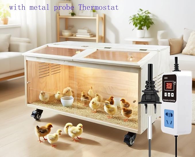 Brooder Box for Chicks Pine Wood Chicken brooder Box with Thermostat & Heating Lamp & Brake Casters，Solid Panels Chick brooder for Chicks, Ducklings, Hamsters, Guinea Pigs - Chew-Proof (40x20x20 in)