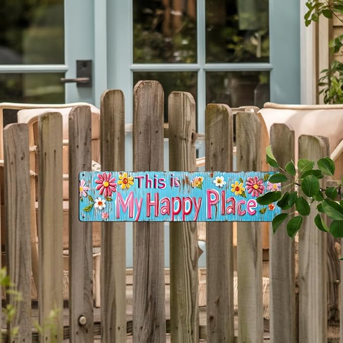 This is My Happy Place Metal Tin Sign Rustic Floral Wall Decor for Bedroom Living Room Kitchen Bathroom Porch 4x16 Inch