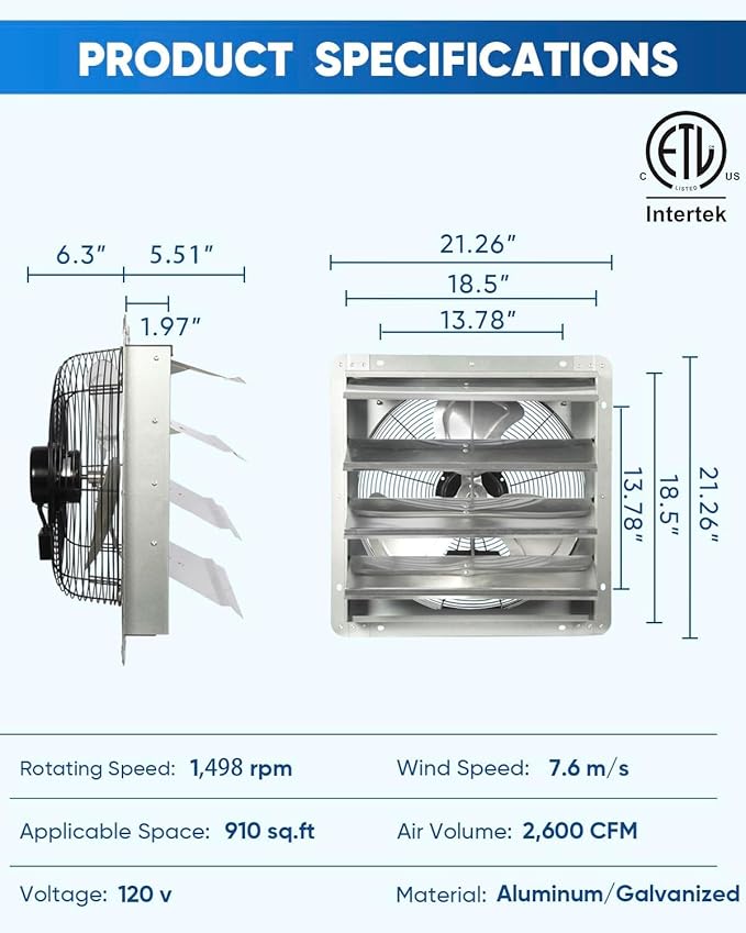 KEN BROWN 18 Inch Shutter Exhaust Fan, Gable Vent Fan, Wall Mount Ventilation, High Speed 2600 CFM, Automatic Aluminum Blades, for Garages, Shop, Greenhouse, Attic, with Power Cord