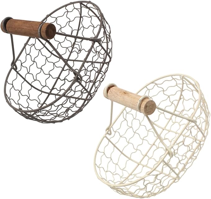 Vintage Rustic Metal Bread and Egg Collecting Basket Set, 2pcs Gray and Cream Farmhouse Style Fruit Storage Containers with Wooden Handles for Kitchen and Dining Organization