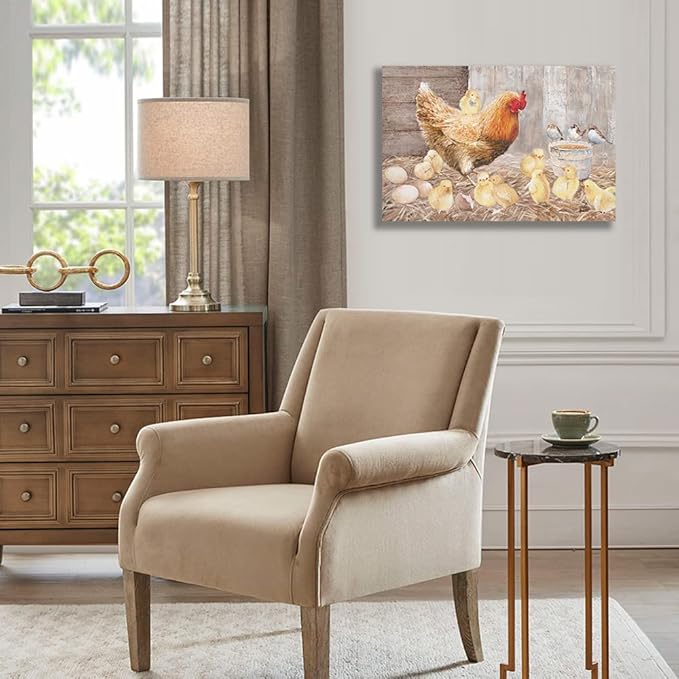 Farmhouse Wall Art Rooster Print: Hen Painting Small Born Chicks Picture Barnyard Birds Vintage Wood Framed Canvas Artwork for Kitchen Decor Easy Hanging (16"x24"x1 Panel)