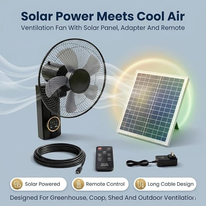 Solar Fan 16 Inch Wall Mounted Fan Indoor, Solar Fans for Outside, Solar Powered Fans With Remote Control, 5 Blades, 3 Speeds, Timer, Adjustable Tilt, Solar Panel, Power Adapter