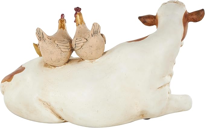 Deco 79 Polystone Cow Sleeping Sculpture with Sitting Roosters and Chicks, 11" x 6" x 6", Cream