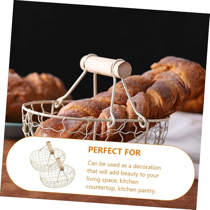 2pcs Rustic Iron Wire Basket with Wooden Handle, Multi-function Farmhouse Style Countertop Fruit and Egg Storage Organizer for Kitchen and Pantry