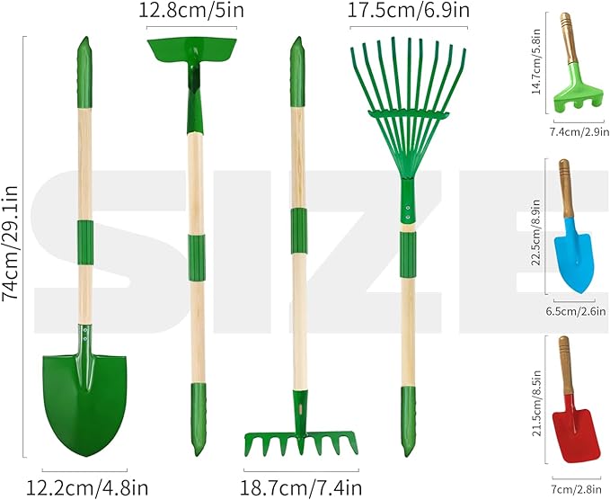 Kids Gardening Tools Set,7Pcs Gardening Set for Kids with Shovel, Rake, Leaf Rake,Summer Outdoor Backyard Farm Digging Weed Toys Beach, Sand, Garden Play Set Birthday Gift for Boys Girls