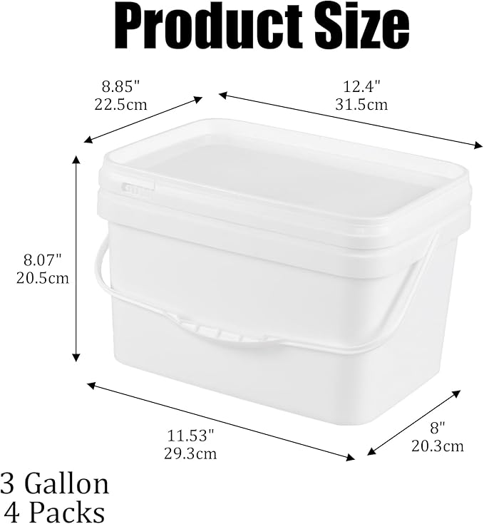 3 Gallon Food Grade Bucket with Lids, Plastic Utility Bucket Pail, 4 Packs