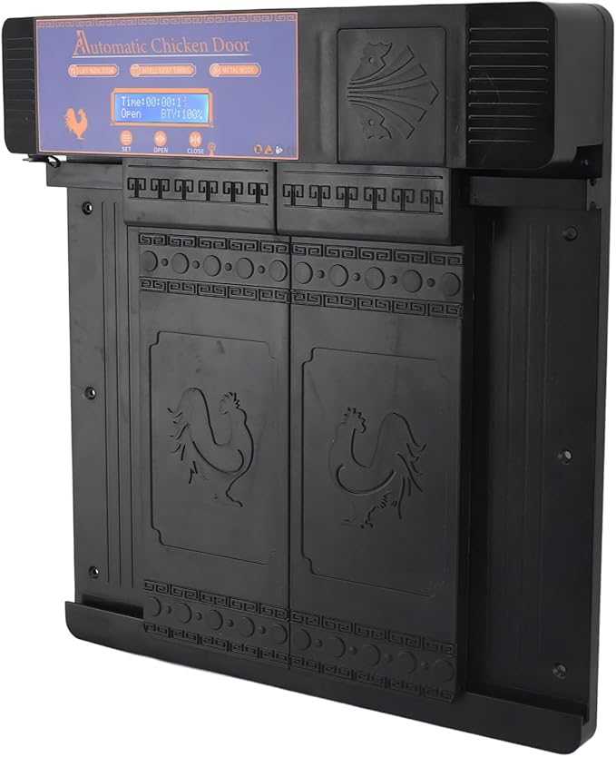 Automatic Chicken Coop Door Opener, Solar Battery Powered with LED Display, Timer Function, Double Doors Electric for Chickens, Ducks, Geese, Easy to Set Opening and Closing Time (Black)