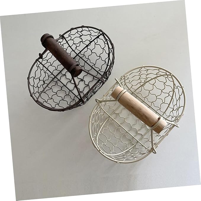 2pcs Rustic Iron Wire Basket with Wooden Handle, Multi-function Farmhouse Style Countertop Fruit and Egg Storage Organizer for Kitchen and Pantry