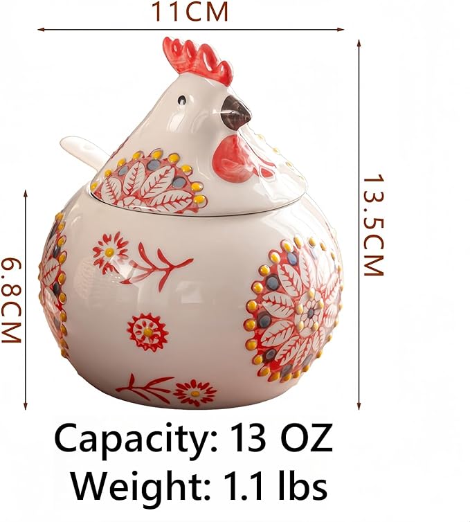 Ceramic Salt Cellar with Lid and Spoon, 13 OZ Large Chicken Salt Jar, Salt Holder for Counter, Coffee, Sugar, Spices and Candies, Salt Containers for Countertop (Red)