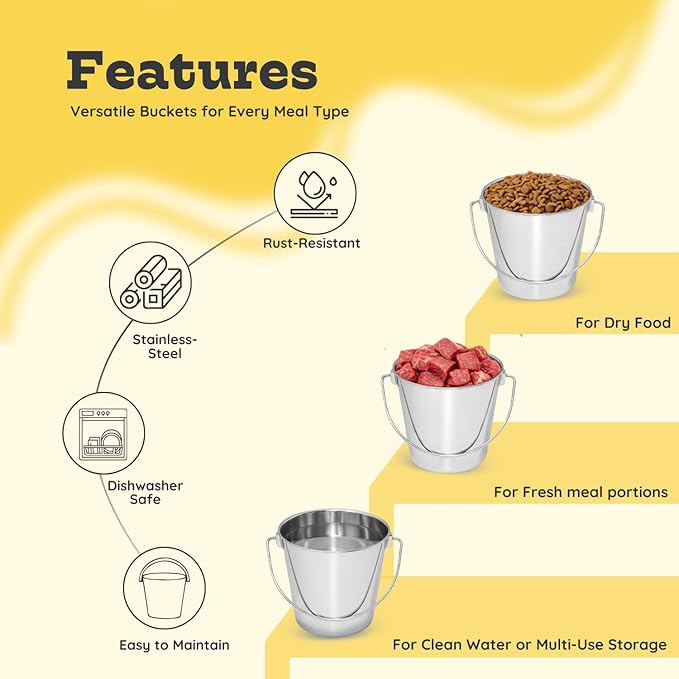 2 Quart Heavy Duty Stainless Steel Round Bucket with Handle | Fits kennel Cage Critter Crates Farm | Food & Water Pail for Small Pets Birds Dog Cat | Livestock Multipurpose use, Pack of 2