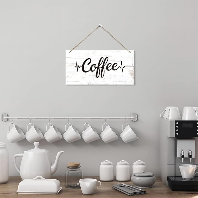 Coffee Bar Wooden Hanging Decor, Coffee Heartbeat Frequency Decoration Sign, Vintage Kitchen Decor, Wood Grain Retro Sign, Cafe Decoration with Rope Hanging 12 x 6 Inches