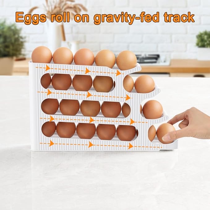 Egg Holder for Fridge, 4 Tiers Auto Rolling Egg Storage Organizer for Refrigerator, Slim Space Saving Container, Dispenser, Egg Roller for Eggs 48 Count