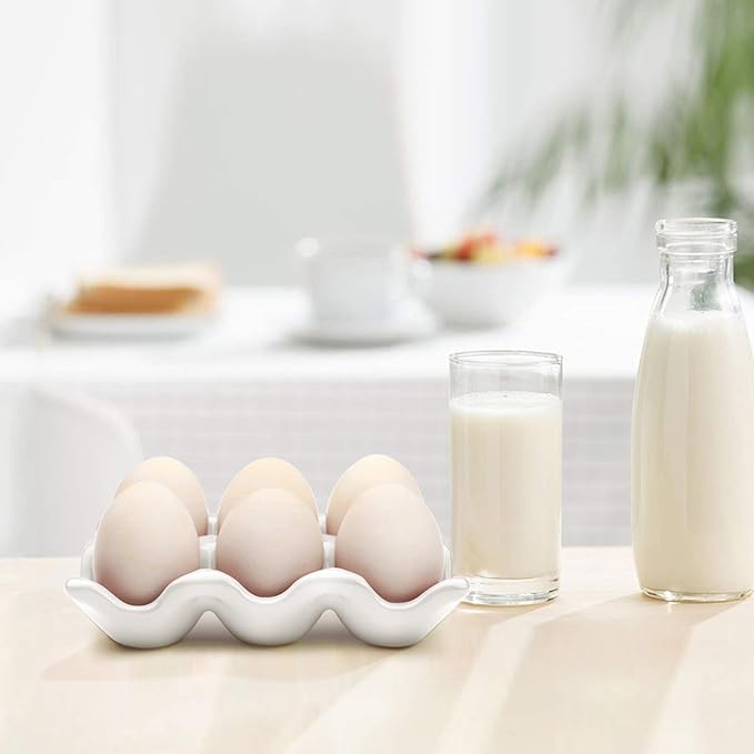 Flexzion Porcelain Egg Crate - 6 Capacity Ceramic Tray, Half Dozen Holder, White Decorative Serving Dish and Storage Organizer, 2 Pack