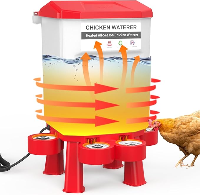 Heated Chicken Waterer, Plastic Chicken Water Heater, Anti-Freeze Heated Poultry Drinker with 4 Cups, Winter and Summer Dual-use, Poultry Water Heater for Chickens, Ducks, Geese - Dark Red, 11L