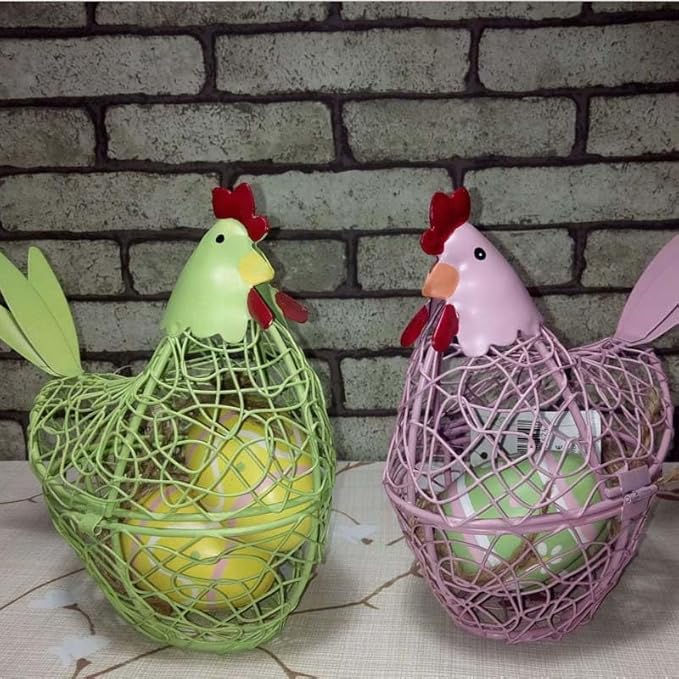 Chicken Wire Egg Basket Egg Holder Farmhouse Rustic Vintage Rooster Decor Chicken Shaped Egg Basket Fruit Storage Wire Basket For Collecting And Countertop Storing Egg (White)