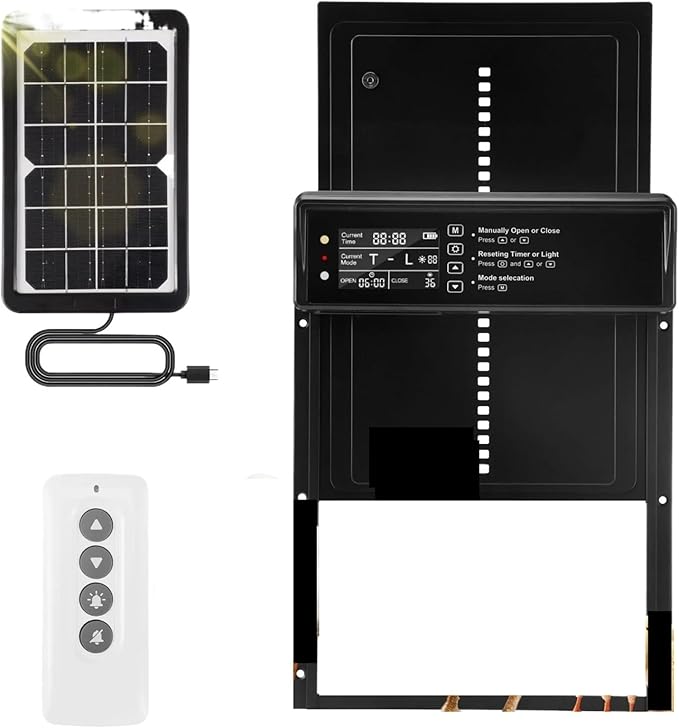 Solar Automatic Chicken Coop Door with Screen, Light Sensor/Timer/Remote Control Auto Chicken Doors Anti Pinch Waterproof