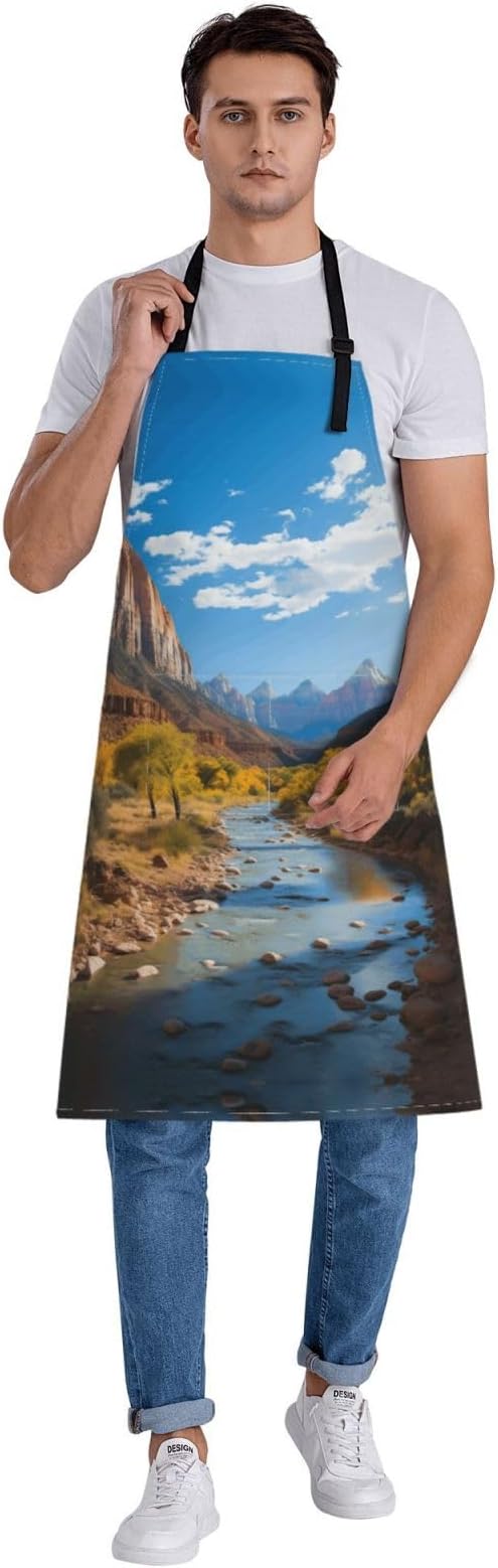 Kitchen Aprons for Men Women Waterproof Apron with 2 Pockets Skis on mountain Apron Adjustable Bib Aprons