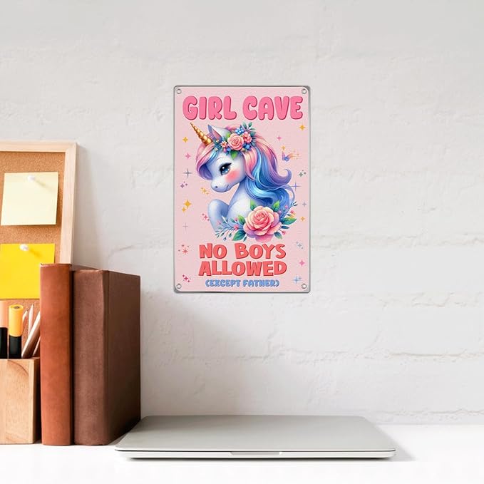 Girl Cave Metal Sign No Boys Allowed Except Father Pastel Wall Decor With Flowers Cute Bedroom And Playroom Decoration For Kids Lovers 8 x 12 Inch Outdoor Art
