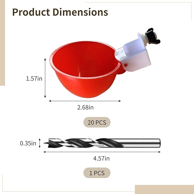 20 Pcs Chicken Waterer Cups, Duck Water Feeder Kit, Automatic Poultry Drinking Bowl with Drill, Includes Large Red Cups and Drill Bit, Ideal for Chickens and Ducks
