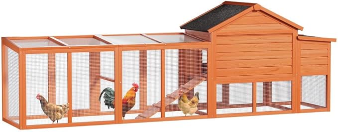 Large Wooden Chicken Coop for Outdoor Use with Run, Waterproof Roof, Anti-UV Protection, Removable Tray, and Nesting Box for 2-4 Hens (Natural + Wood)