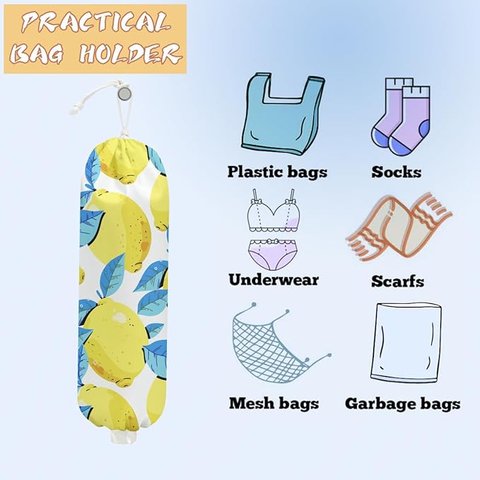 2PCS Lemon Plastic Bag Holder, Wall Mount Grocery Bag Holder for Plastic Storage bag, Lemon Storage Organizer Reusable Grocery Bags, Pull Rope Free Adjustment, Gifts for Women Mom Grandma