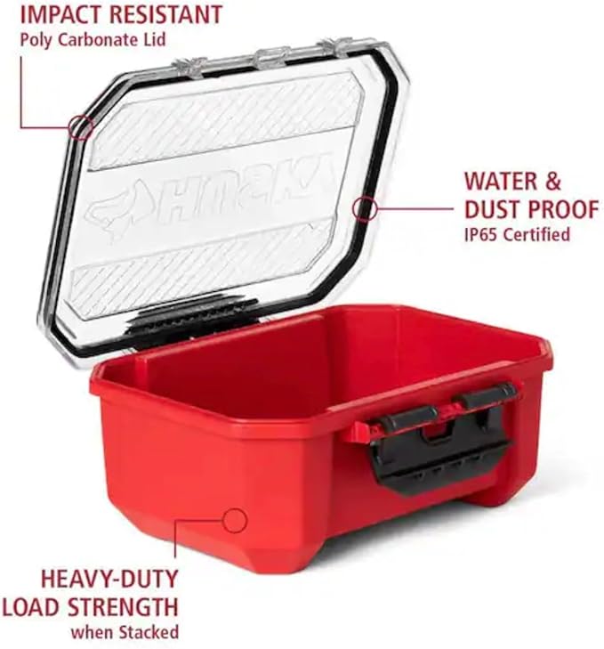 Professional Heavy Duty Waterproof Stackable Plastic Storage Container with Hinged Lid, Red, Rectangular, (0.8 Gal)