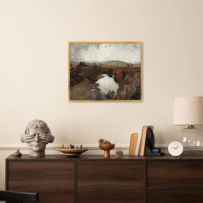 Vintage Wilderness Framed Wall Art River Nature Pictures Country Fence Artwork Nature Landscape Poster Countryside Canvas Wall Art Farmhouse Scenery Picture Rustic Landscape Painting 8x10inch Framed