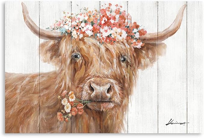 Yidepot Highland Cow Decor for Farmhouse: Retro Scottish Calf pictures hold Flowers Inspirational Quote Canvas Wall Art for boy's bedroom Kitchen Framed Ready to Hang Size 16"x24"