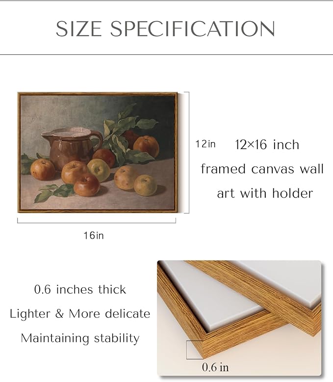 InSimSea Framed Canvas Wall Art Vintage Aesthetic Room Decor, Harvest Apples Still Life Oil Painting Artwork Abstract Wall Pictures Prints, Farmhouse Fruit Wall Decor Bedroom Kitchen 12x16in