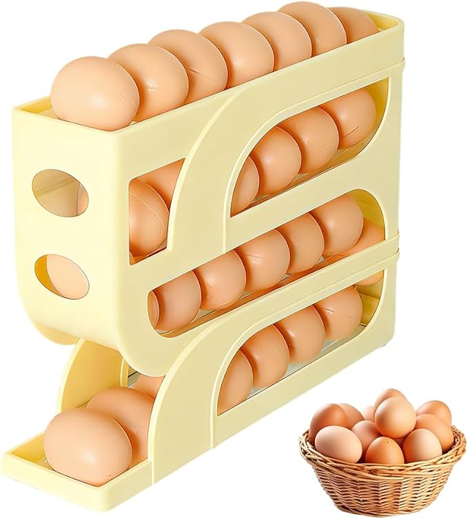 Auto Rolling Egg Holder for Fridge, 4-Tier Egg Dispenser Organizer Holds 28 Eggs, No Assembly Space-Saving Egg Storage Rack for Refrigerator & Countertop (Yellow)