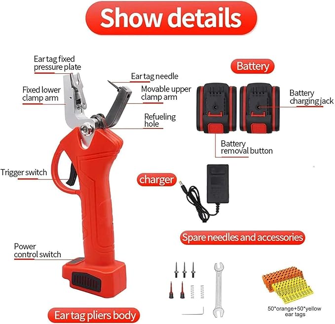 Electric Ear Tag Clip Kit with 100 Ear Tags &2*Battery, Portable Livestock Tagging Tool,for Cattle, Sheep, Pigs
