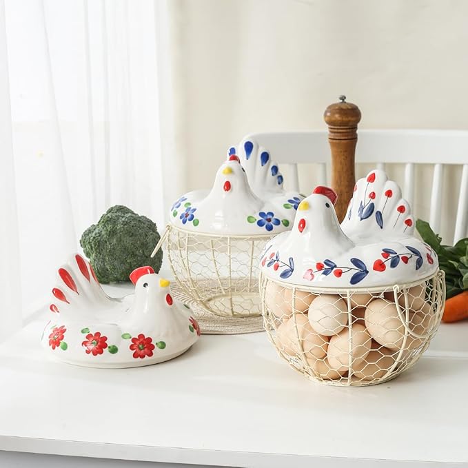 oskas Chicken Egg Holder, Fresh Egg Storage Basket Countertop,Decorative Ceramic Lid with Wire Basket,Holds 2 Dozen Egg, White3