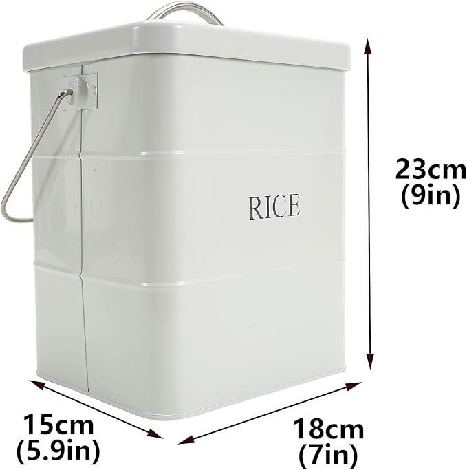 Metal Rice Storage Box, Square Rice Container with Lid and handle, Sealed Food Storage Bin for Kitchen, Countertop Organizer Jar for Rice Flour Soybean Grain Cereal-White