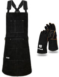 LeaSeek Leather Welding Apron,Heat & Flame-Resistant Heavy Duty Work Apron with 6 Pockets,Woodworking Shop Apron
