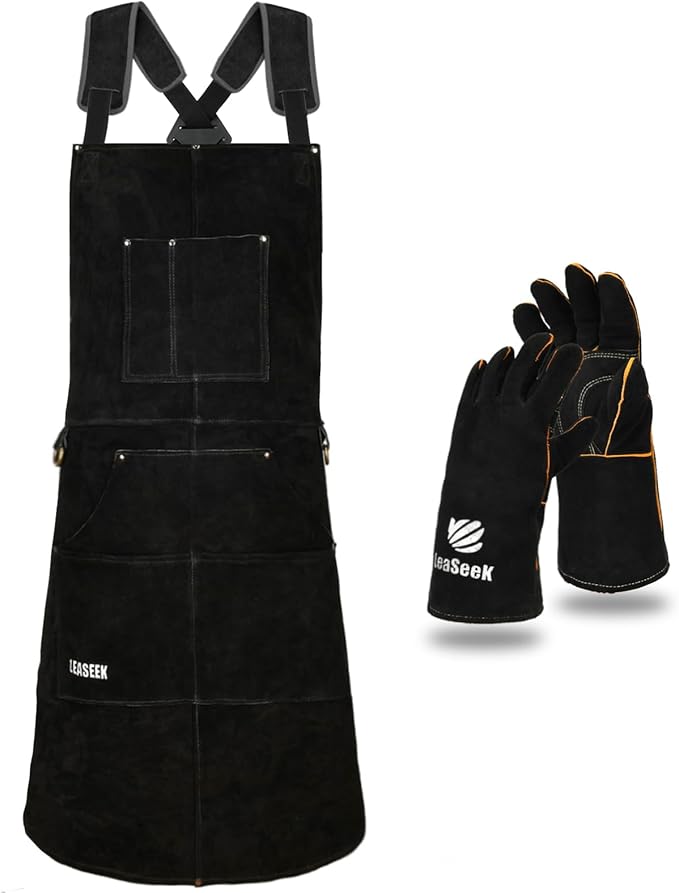 LeaSeek Leather Welding Apron,Heat & Flame-Resistant Heavy Duty Work Apron with 6 Pockets,Woodworking Shop Apron