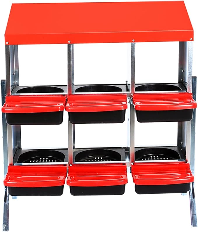 6 Compartment Metal Chicken Nesting Box, Automatic Roll-Out Egg Collection, Waterproof Galvanized Steel Laying Box with Perch & Wall Mount, for Hens Ducks Rabbits, Red