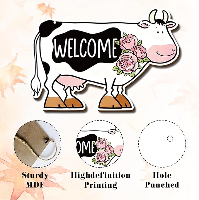 Farmhouse Decor Cow Welcome Sign, Rustic Wood Wall Art Watercolor Oil Painting Style Black and White Cow with Flowers Animal Shaped Hanging Plaque for Kitchen Porch Barn, 11.8x8 Inches